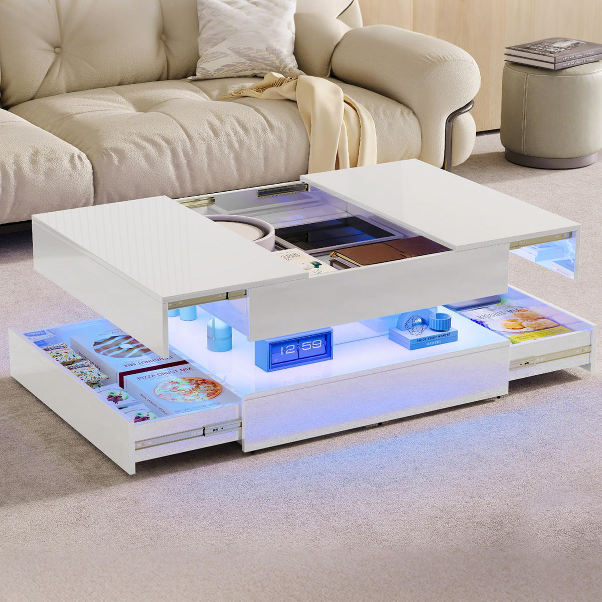 COUCHTISCH 78x78 cm mit RGB-LED & 2 Schubladen, Weiß Hochglanz - Weiß, Metall (78/78/43cm) - EuroLiving