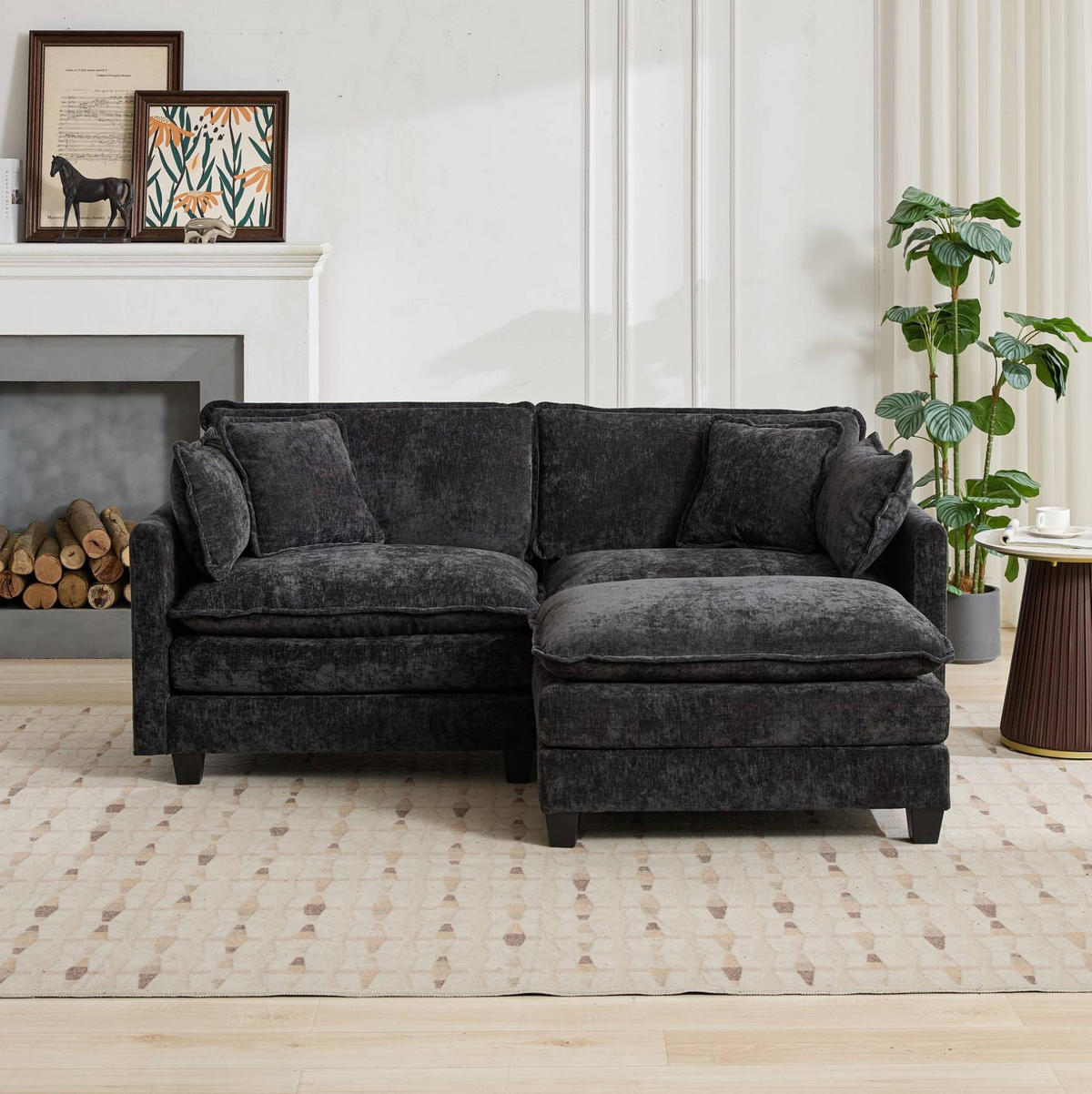 MODULSOFA flexibel kombinierbar Chenille Black - Schwarz, Holz (75/84/195cm) - Meubliv