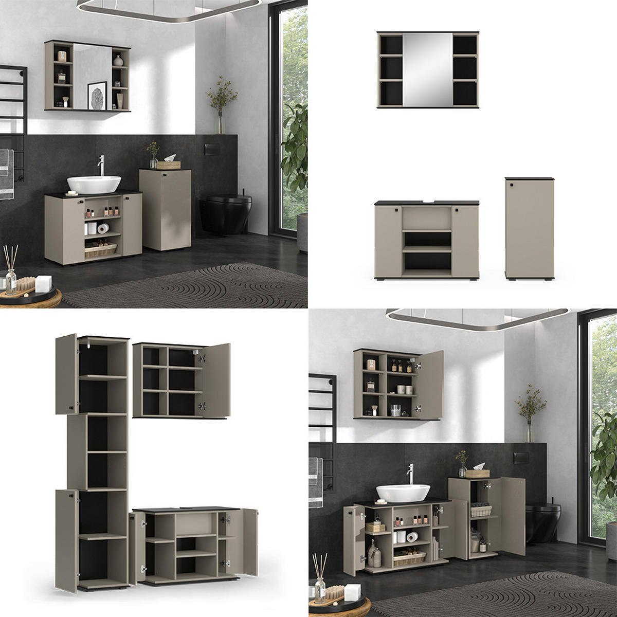 BADMÖBEL-SET Joli Greige 3 Teile, mit Midischrank - Greige/Schwarz, Holzwerkstoff (80/59/37cm) - Vicco
