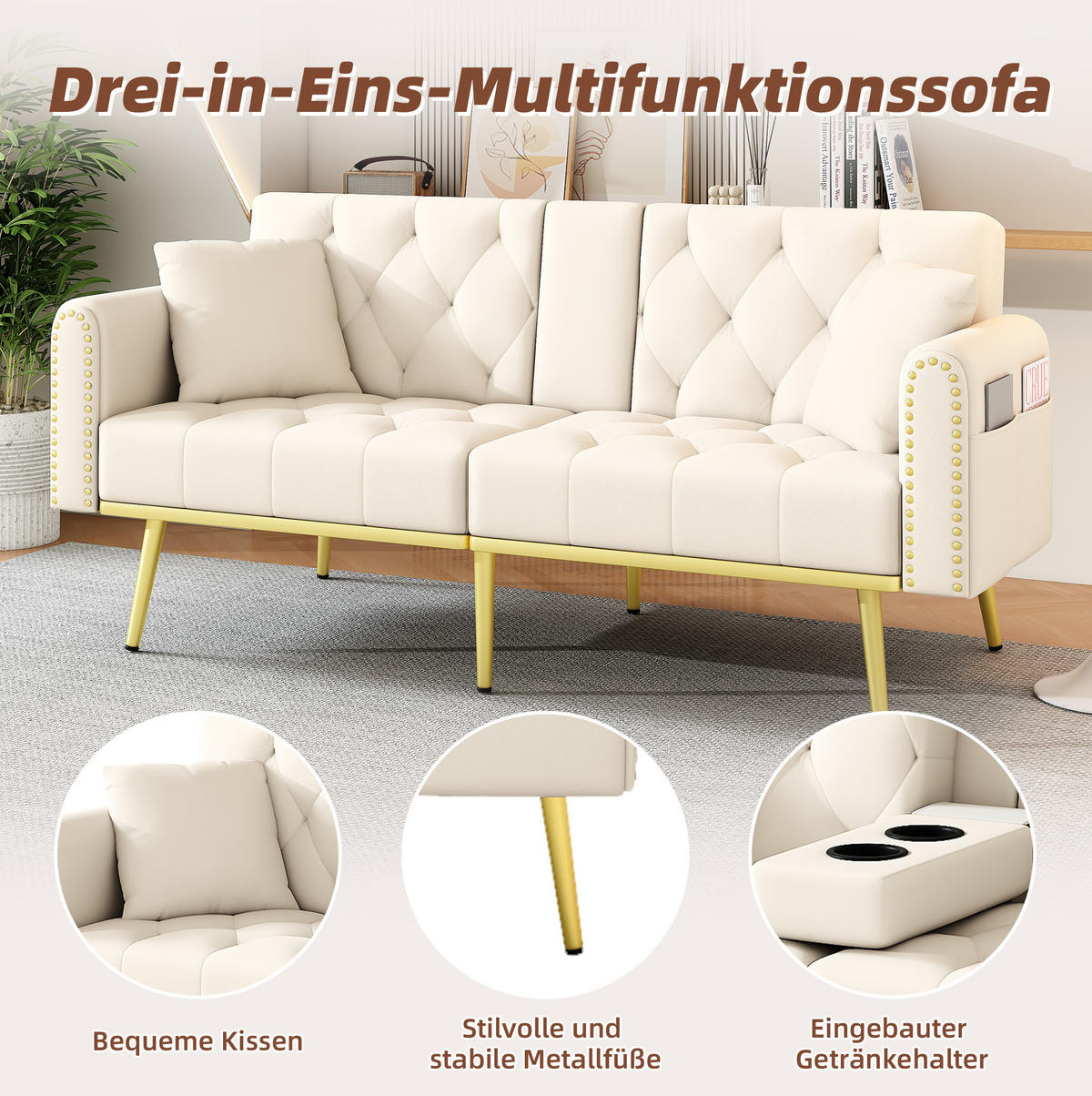 SCHLAFSOFA Samt mit verstellbarer Rückenlehne und Getränkehalter Beige 175/80/73,5 cm - Beige, Textil (73.5/175/80cm) - Redom