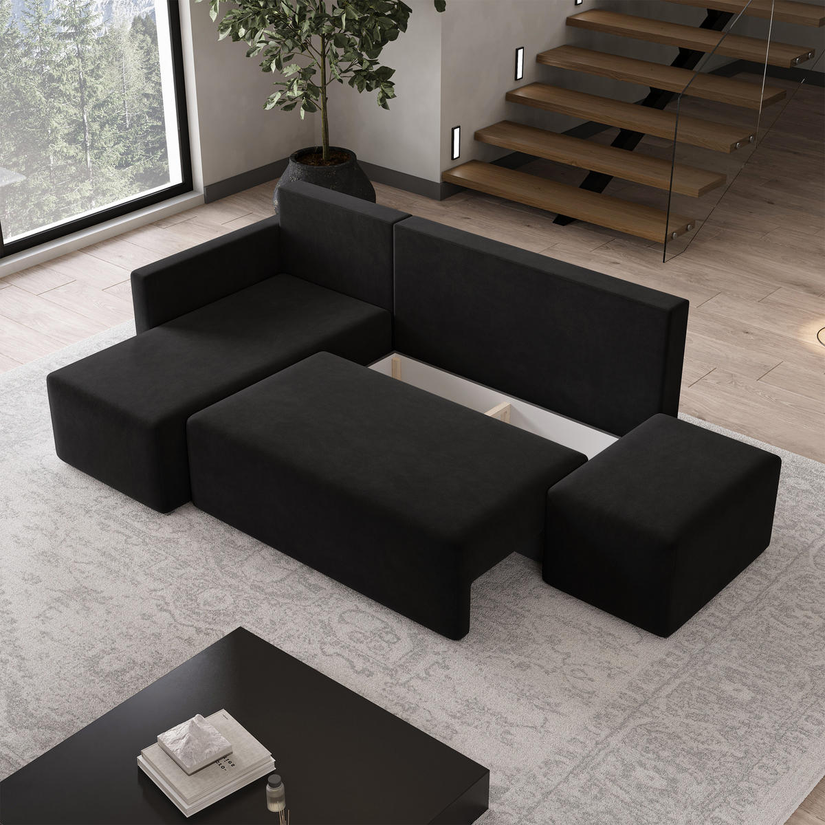 ECKSOFA VELOTTI L-S Schwarz Plüsch-Stoff mit Schlaffunktion - Schwarz, Holz (261/143cm) - MASSENO
