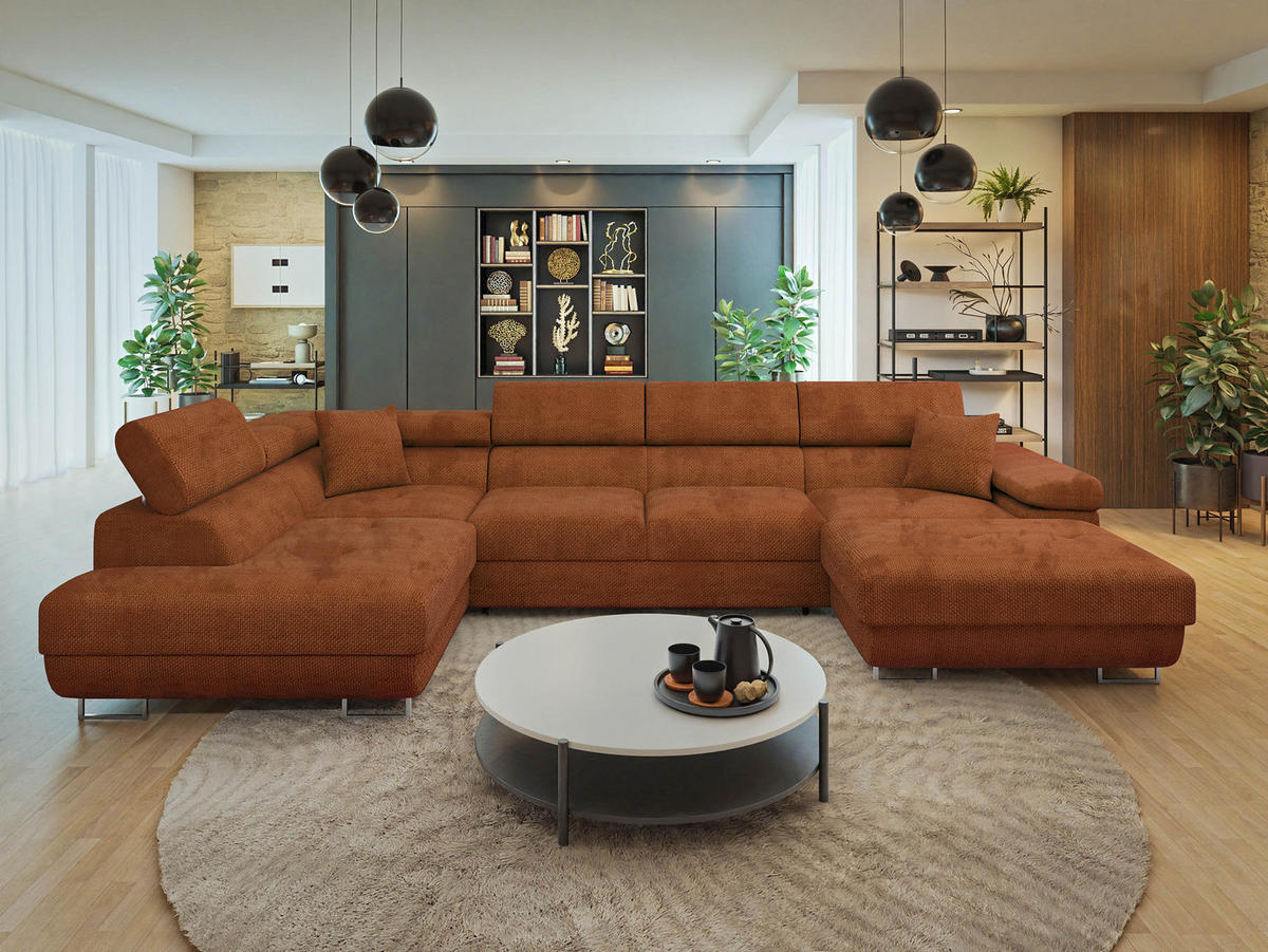 WOHNLANDSCHAFT Torezio Bis, Seite: Links - Dunkelorange, Holz/Textil (346/90/203cm) - MIRJAN24