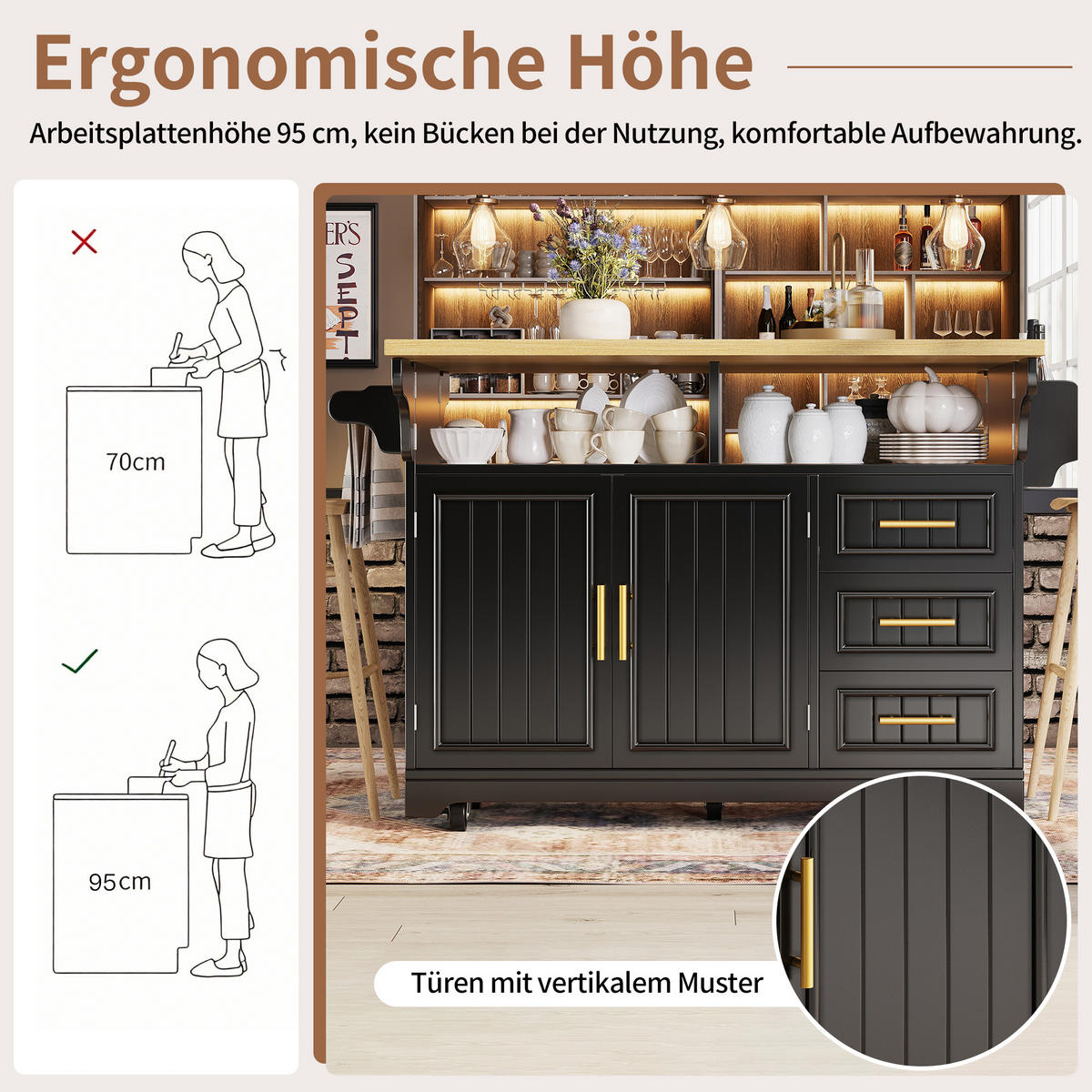 KÜCHENINSEL DE-38361 120/197 cm ausklappbar mit 3 Schubladen Schwarz - Schwarz, Holzwerkstoff (120/95/40cm) - ComfortXL
