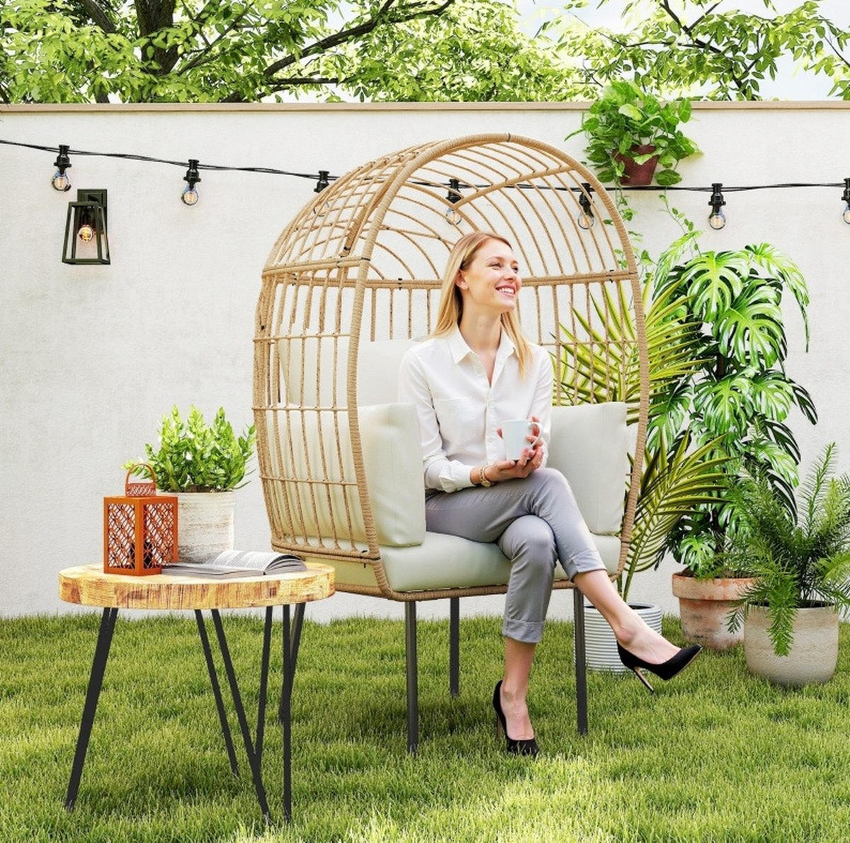 RATTANSESSEL 95/80/155 cm mit abnehmbaren Kissen und Stahlgestell, wetterfestes Rattan, Beige - Beige, Metall (95/155/80cm) - Redom