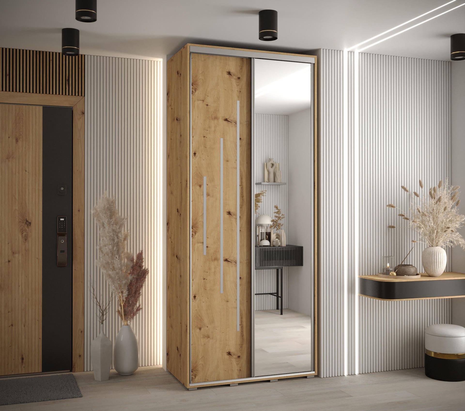 SCHWEBETÜRENSCHRANK 235,2/100/60 2-türig - Silberfarben/Eiche Artisan, Holz/Metall (100/235/60cm) - Abiks Möbel