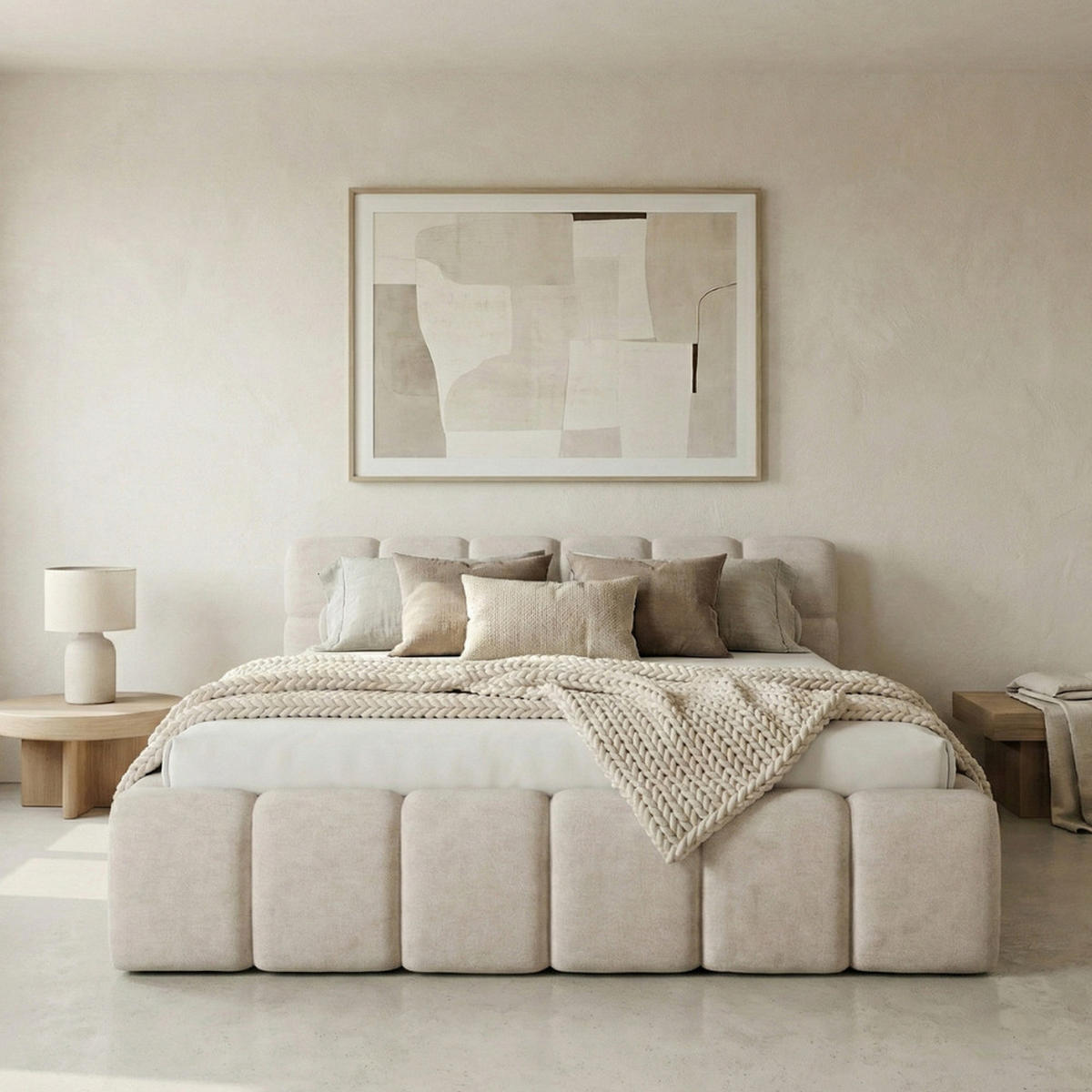 POLSTERBETT NUBO Medium 180x200 cm mit Bettkasten – PERFECT HARMONY 02 - Creme, Holz (180/200cm) - Dekori_Interiors