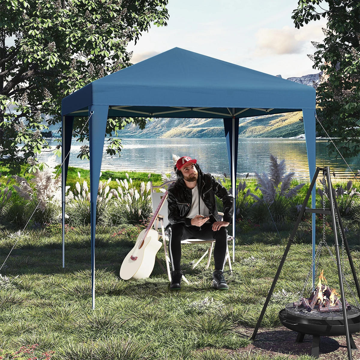 PAVILLON 2x2 m Blau mit 4 Seitenwänden - Blau, Textil/Metall (200/200cm) - Kaket