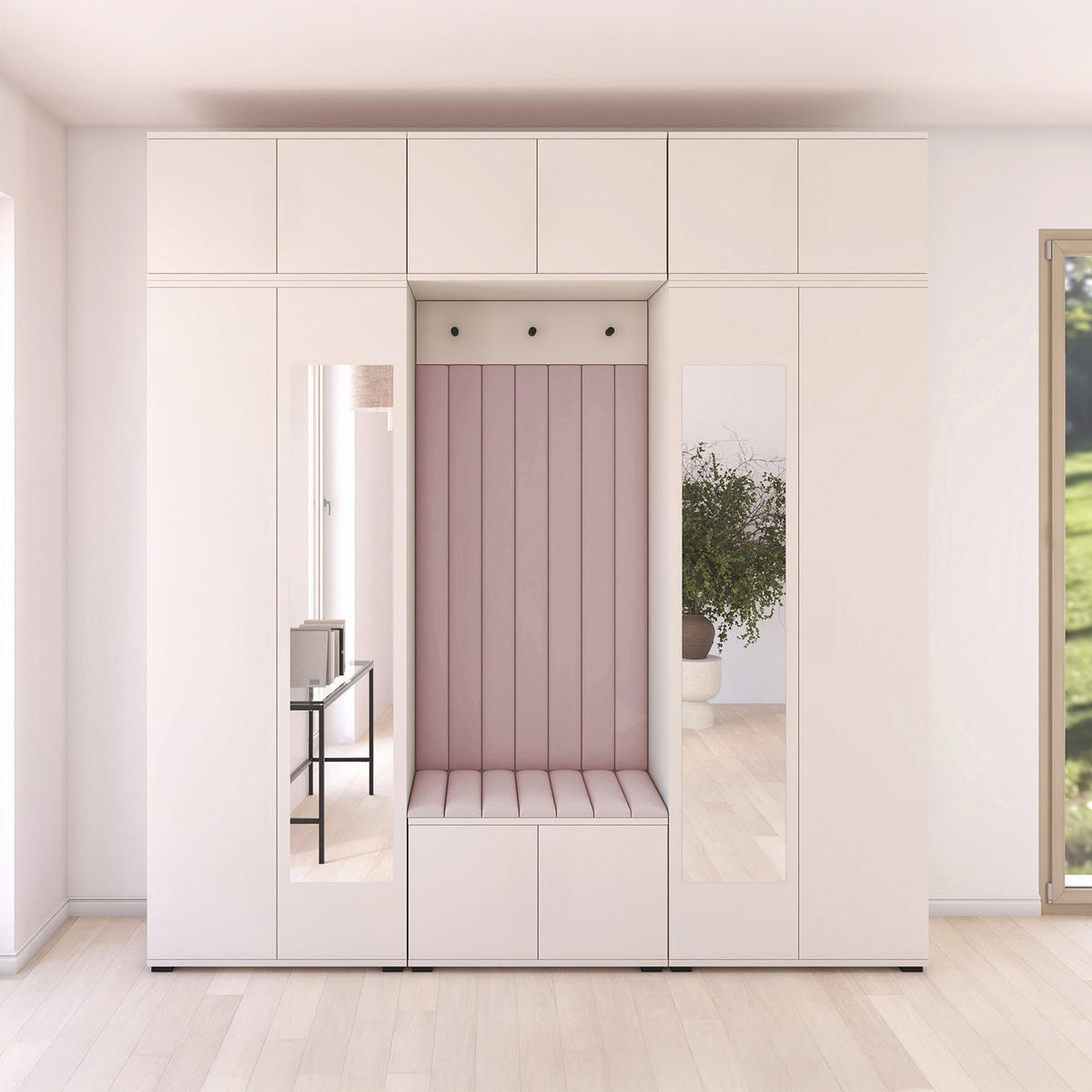 GARDEROBE Napoli version 12 mit Spiegel, mit POLSTERPANEELEN ROSA - Beige/Rosa, Holzwerkstoff (210/225/40cm) - Jerpax