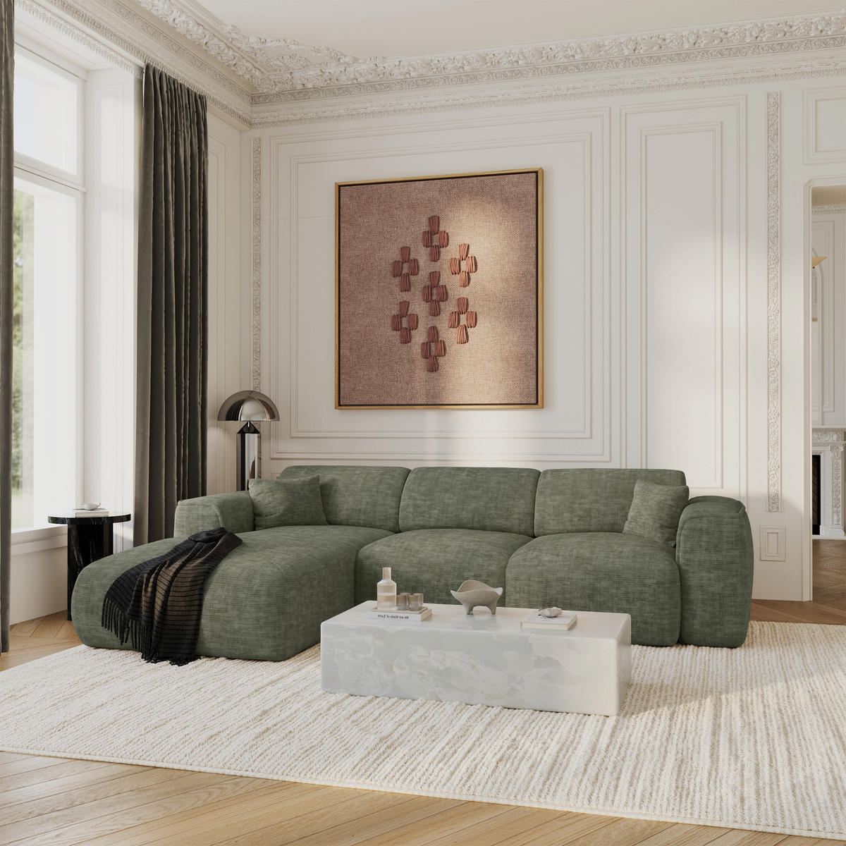 ECKSCHLAFSOFA Texturierter Samt Salbeigrün 283cm - Grün, Textil (283/180cm) - Sia Home