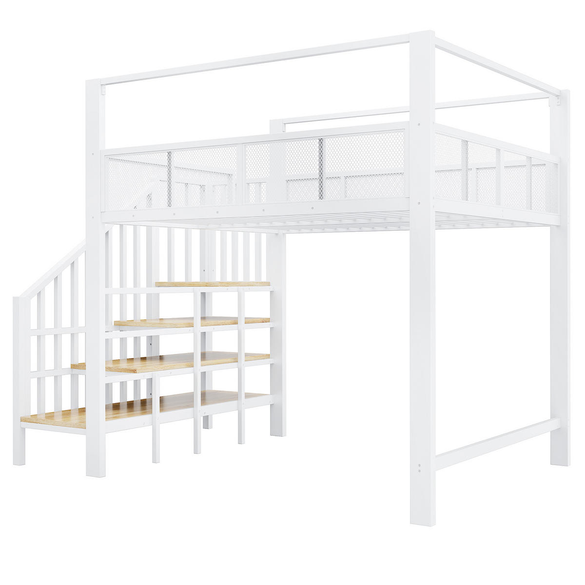 HOCHBETT Weiß 140×200cm mit Baldachin, Stauraumtreppe und freier Arbeitsfläche unter dem Bett - Weiß, Metall (140/200cm) - Luhomfu