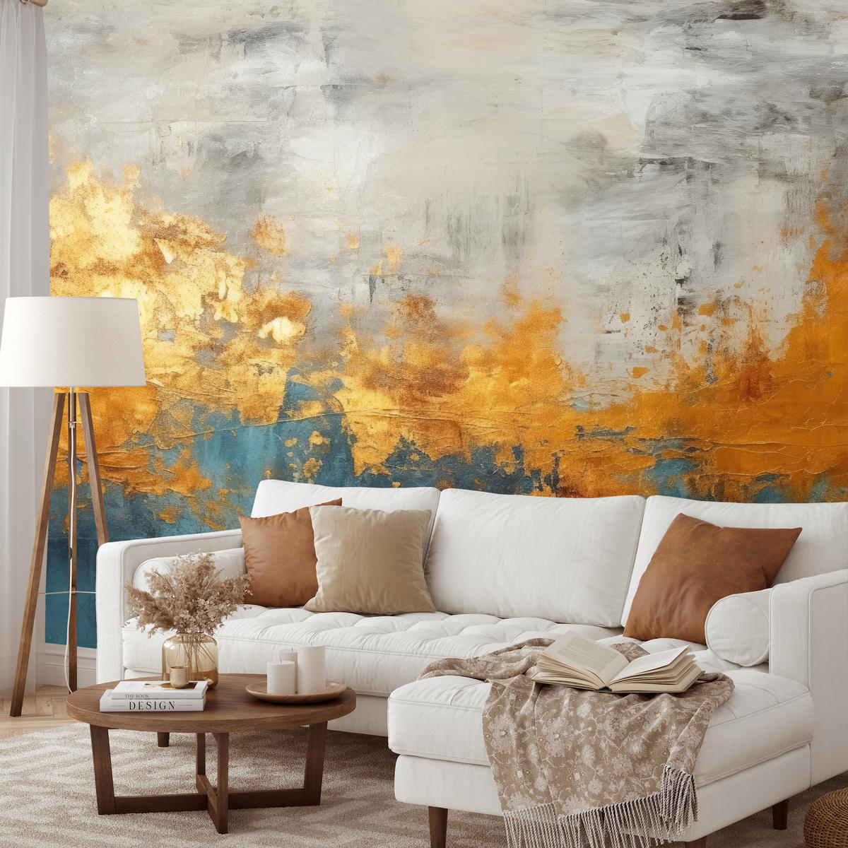 FOTOTAPETE für Badezimmer Abstrakter Beton Gold Mauer 350x256 - Türkis/Goldfarben, Papier (350/256cm) - Muralo