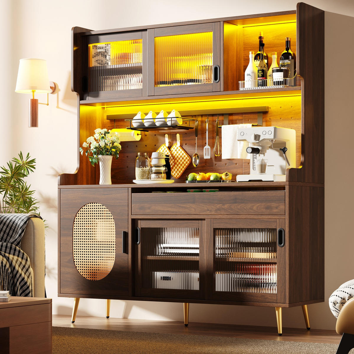 BUFFETSCHRANK aus MDF 145/39/171 cm mit LED-Beleuchtung und Lochwand, Braun - Braun, Holzwerkstoff (145/171/39cm) - Redom