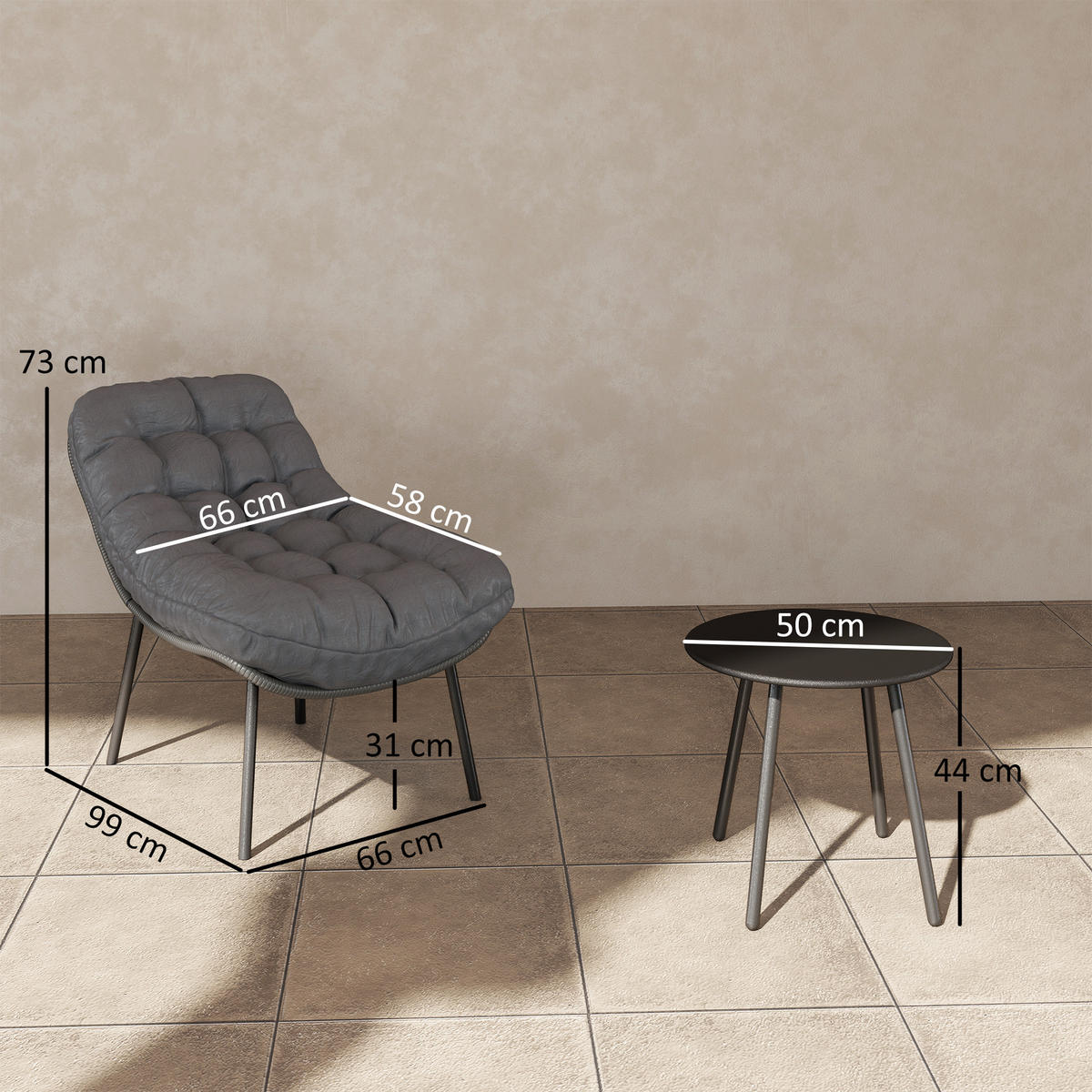 GARTENSET DE-13629 mit 15 cm dicken Kissen und Tisch Grau - Grau, Metall - ComfortXL