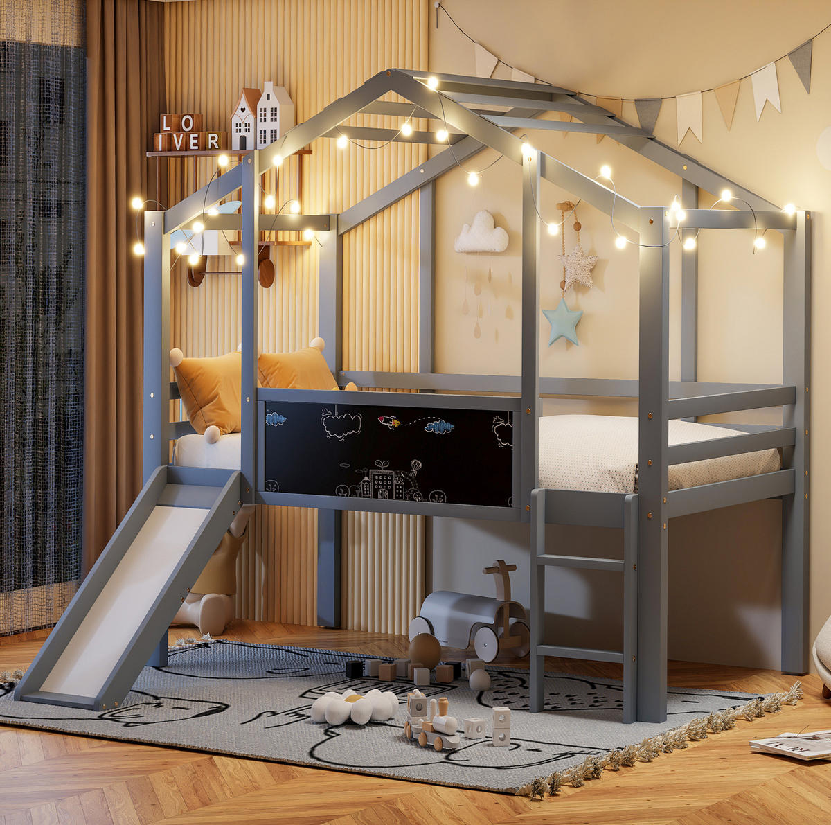 KINDERBETT aus Massivholz 90x200 cm Grau mit Rutsche, Leiter, Tafel und Hausdach - Grau, Holz (90/200cm) - Modfu