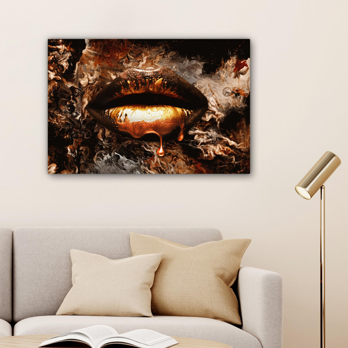 LEINWANDBILD Gold - Lippen - Kunst - Gold - Luxus - Abstrakt Wanddeko 90x60 cm - Kupferfarben, Textil (90/60cm) - MuchoWow