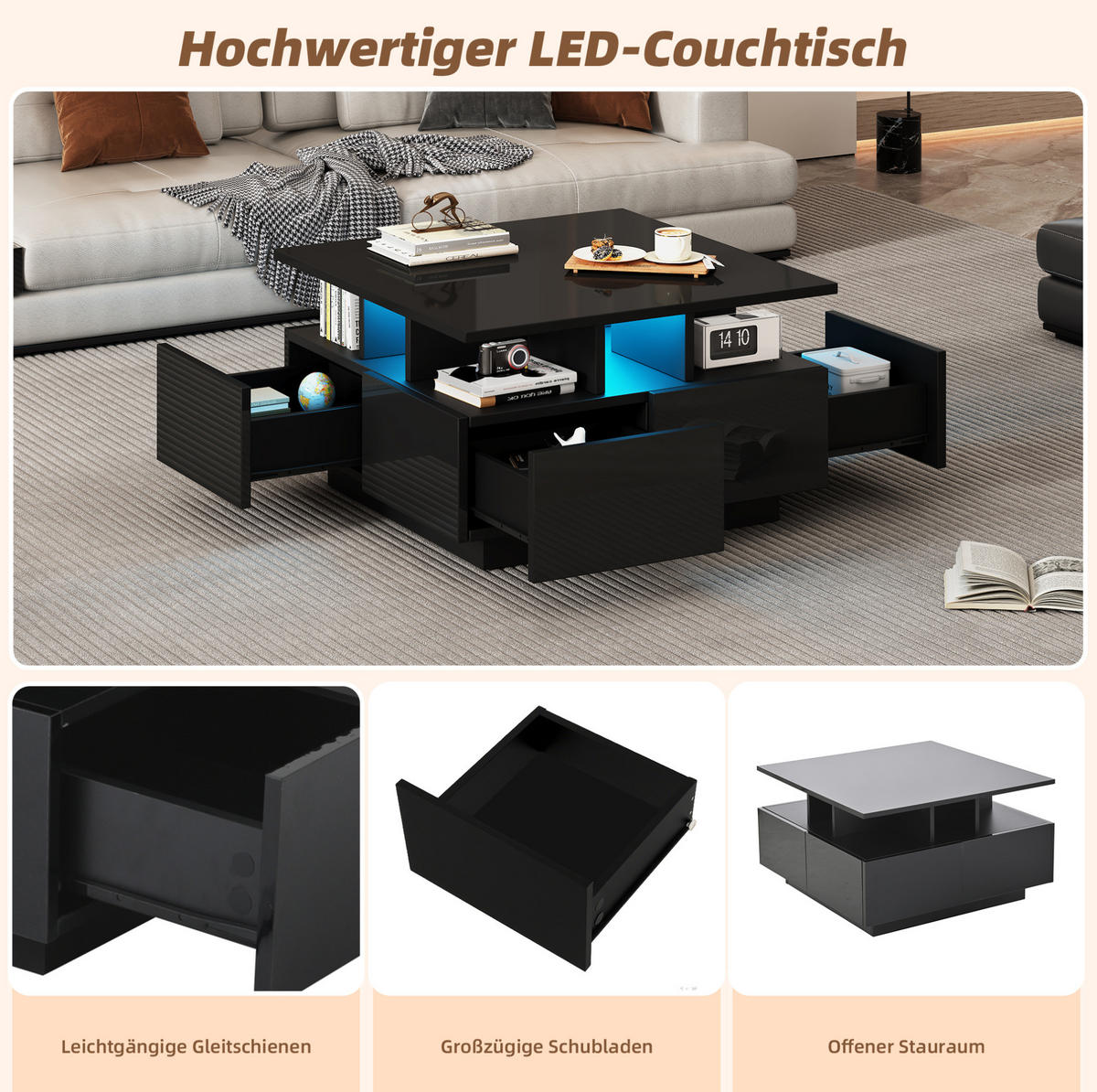 COUCHTISCH aus Spanplatte 70x70x40 cm Schwarz mit LED-Beleuchtung, 4 Schubladen und Hochglanzoberfläche - Schwarz, Holzwerkstoff (70/70/40cm) - Modfu