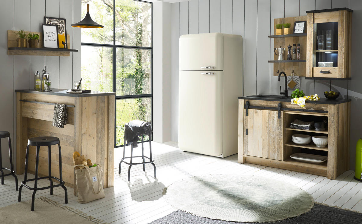 KÜCHEN-SET Used Wood hell, anthrazit, Küchenschrank Set 5-teilig mit Theke - Anthrazit/Schwarz, Glas/Holzwerkstoff (133/201/64cm) - Furn.Design