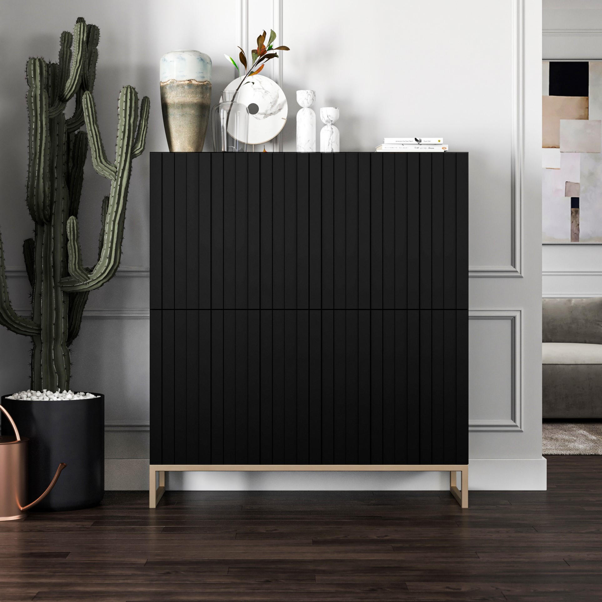 KOMMODE Elpis 4D Schwarz Matt Glamour 112 cm - Goldfarben/Schwarz, Holzwerkstoff/Metall (112/126/36.5cm) - Meble Lindner