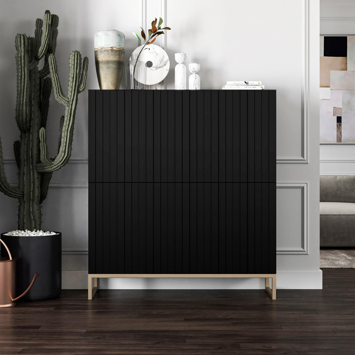 KOMMODE Elpis 4D Schwarz Matt Glamour 112 cm - Goldfarben/Schwarz, Holzwerkstoff/Metall (112/126/36.5cm) - Meble Lindner