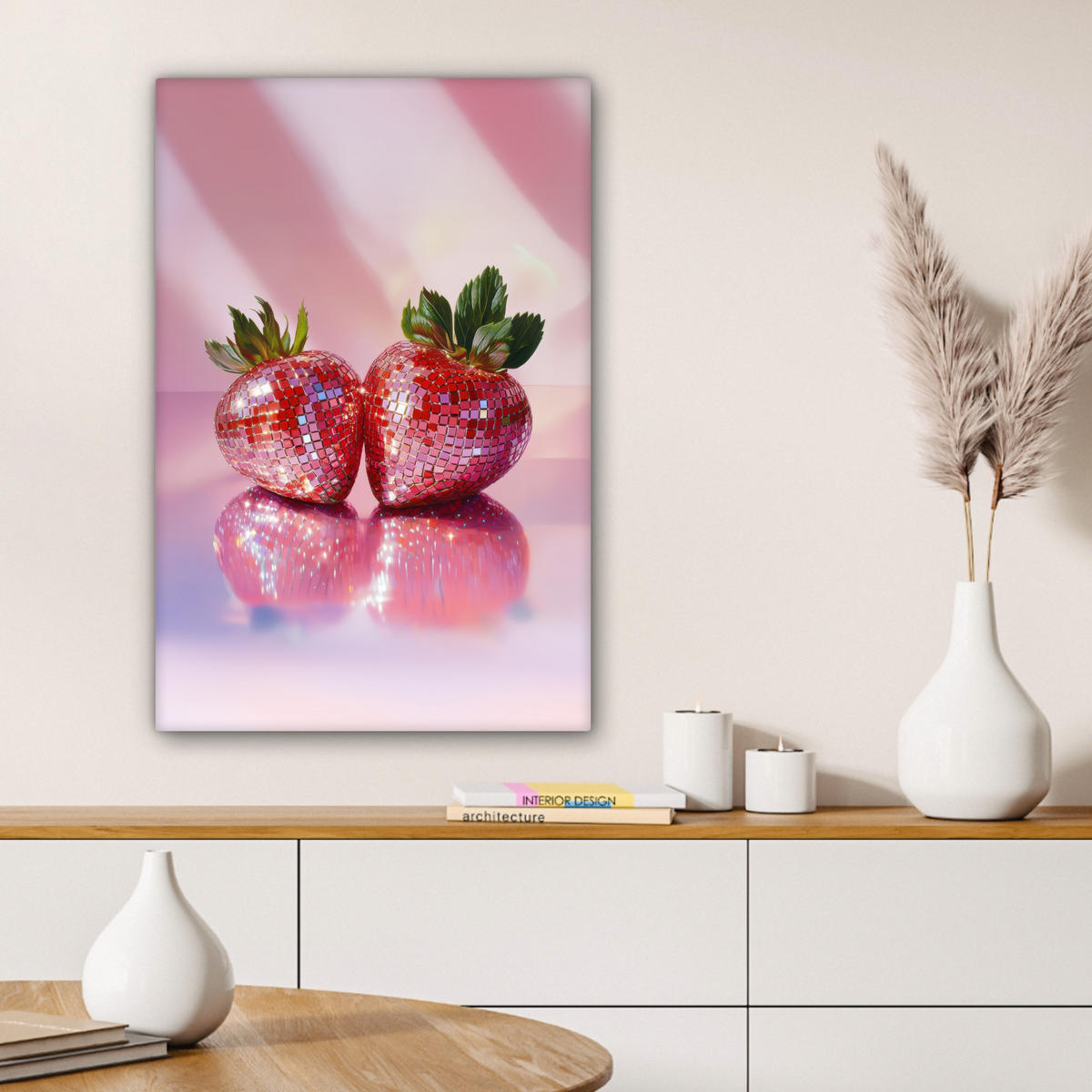LEINWANDBILD Disco - Obst - Glitzer - Erdbeere Wanddeko Schlafzimmer 60x90 cm - Pink, Textil (60/90cm) - MuchoWow