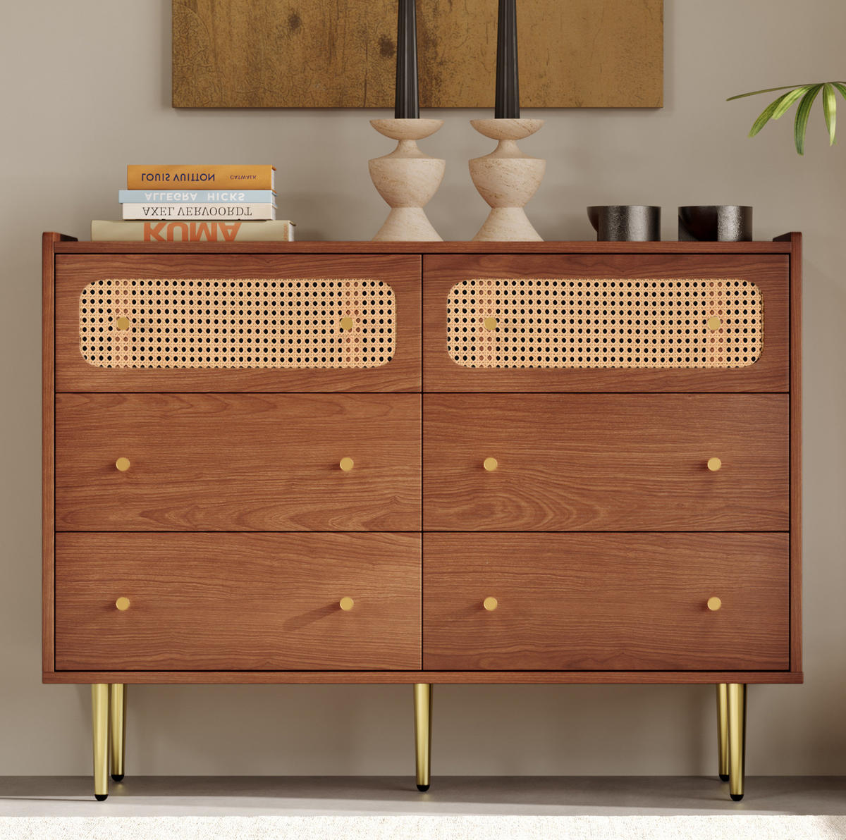 KOMMODE, 6 Schubladen, mit Metallbeinen und Rattan-Details, 120x40x90 cm, Nussbaumfarben - Nussbaumfarben, Holzwerkstoff (40/90/120cm) - Modfu