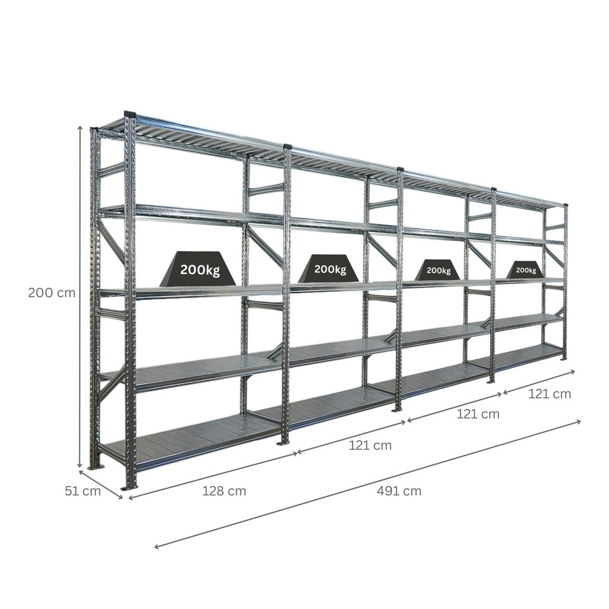 FACHBODENREGAL Proximo Stecksystem 200x480x50cm 5 Ebenen Fachlast 200 kg Beidseitig nutzbar Verzinkt - Silberfarben, Metall (480/200/50cm) - PROREGAL