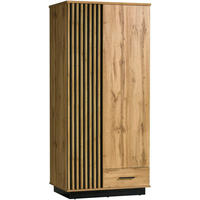 KLEIDERSCHRANK Lamelo Wotan eiche, Zweitüriger Kleiderschrank mit Schublade - Schwarz/Braun, Holzwerkstoff (90/193/52cm) - Bettso