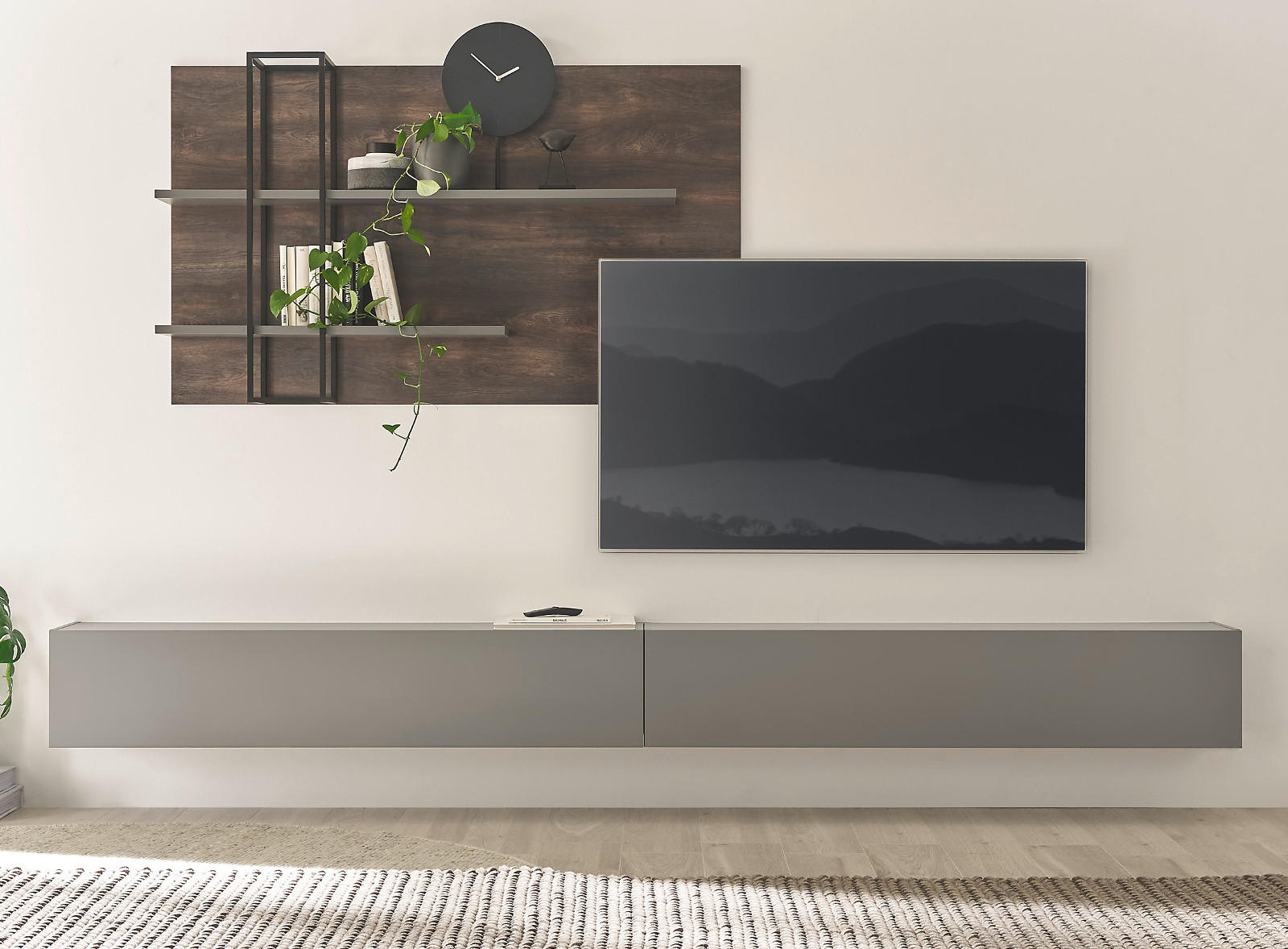 WOHNWAND Thermo Eiche, grau, Wohnkombination 3-teilig 304 x 170 cm - Eichefarben/Grau, Holzwerkstoff (304/170/30cm) - Furn.Design