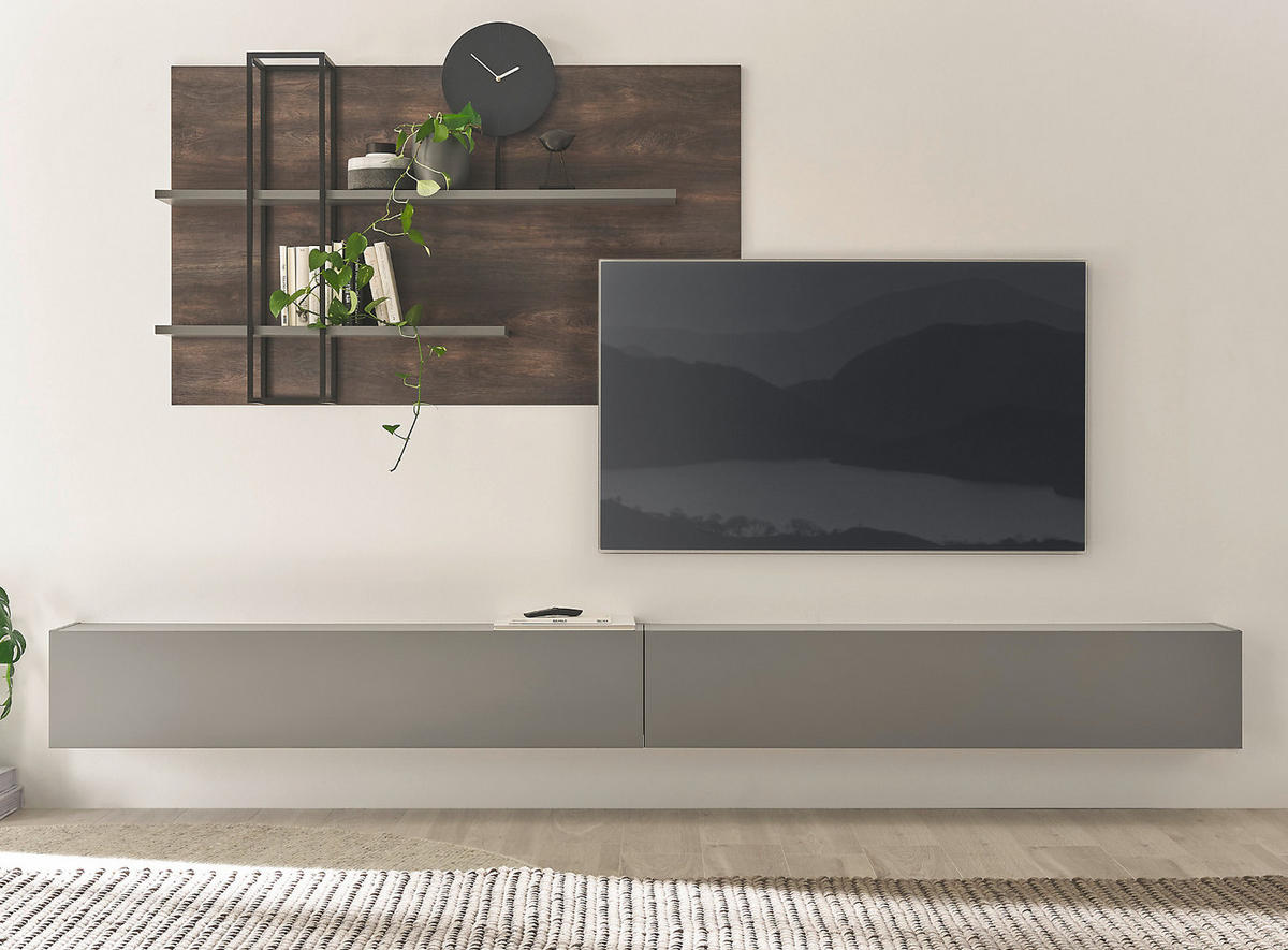 WOHNWAND Thermo Eiche, grau, Wohnkombination 3-teilig 304 x 170 cm - Eichefarben/Grau, Holzwerkstoff (304/170/30cm) - Furn.Design