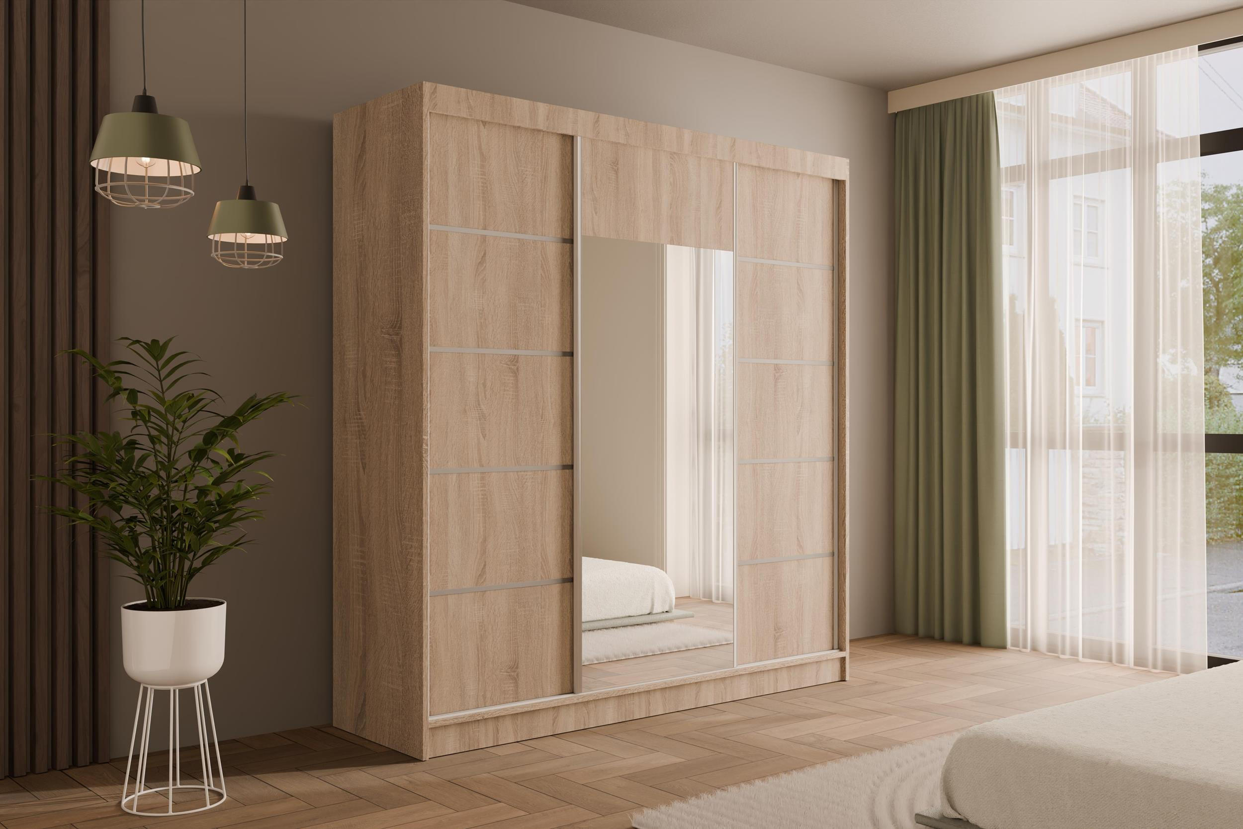 KLEIDERSCHRANK mit Spiegel V2-LINEA 215x200 cm Sonoma - Sonoma Eiche, Holzwerkstoff (200/215/61cm) - ALTDECOR