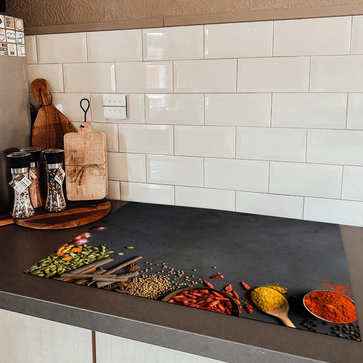 HERDABDECKPLATTE Kräuter - Lebensmittel - Gewürze - Schwarz - Paprika - Zimt Herdabdeckung Induktionsfeld 75x52 cm - Currygelb, Kunststoff (75/52/0.2cm) - MuchoWow