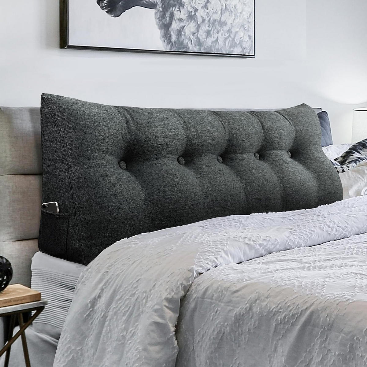 RÜCKENKISSEN für Bett Leinenlook Schwarz 160 cm - Schwarz, Textil (50/160cm) - Vercart