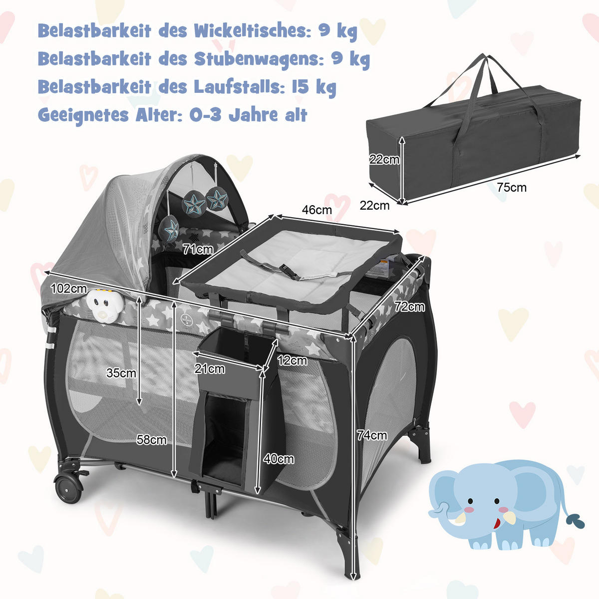 BABYBETT Grau - Grau, Textil - COSTWAY