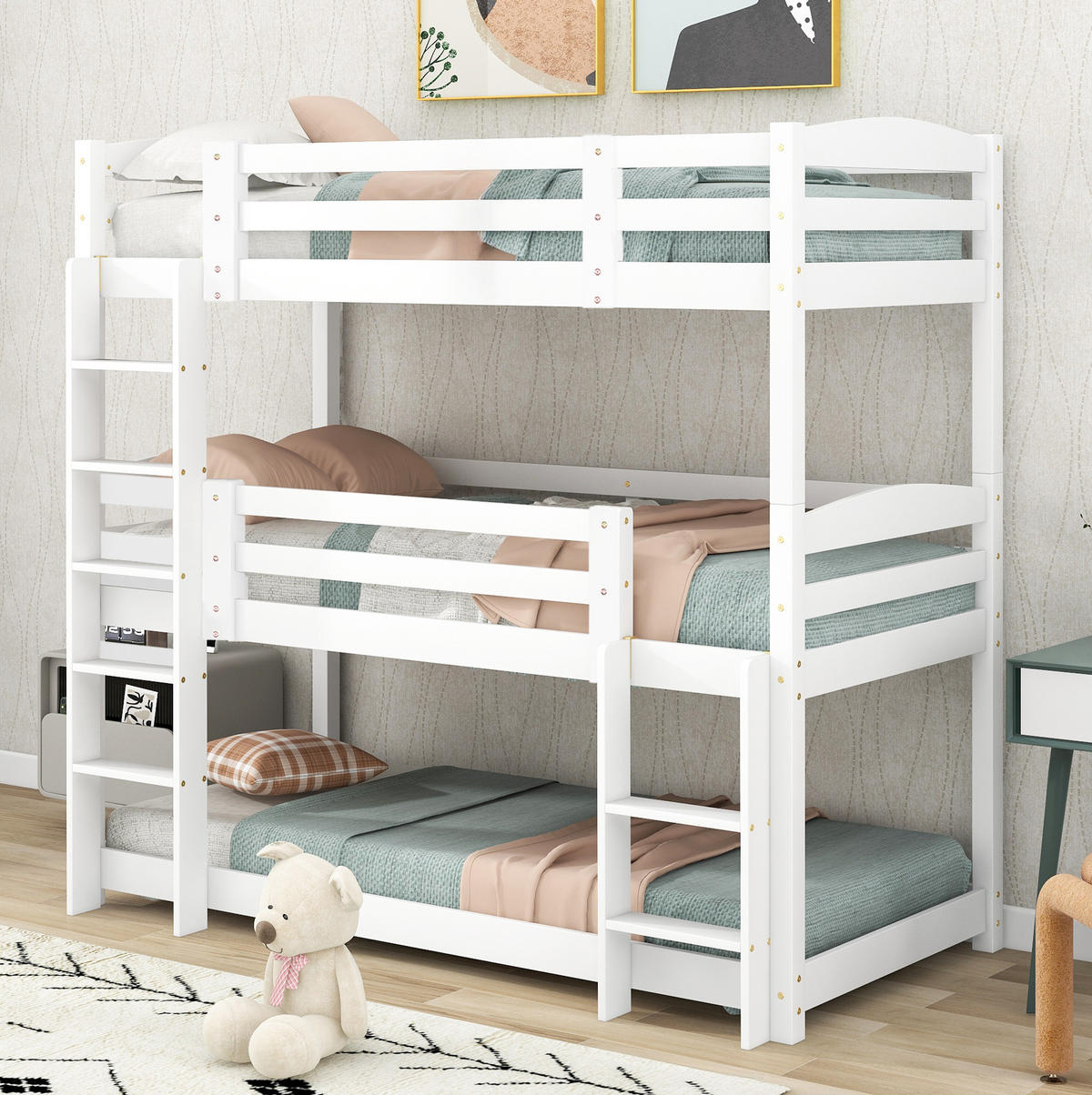 ETAGENBETT 90/200 cm aus Holz, 3 Schlafplätze, teilbar, mit 2 Leitern und Absturzsicherung, Weiß - Weiß, Holz (90/200cm) - Redom