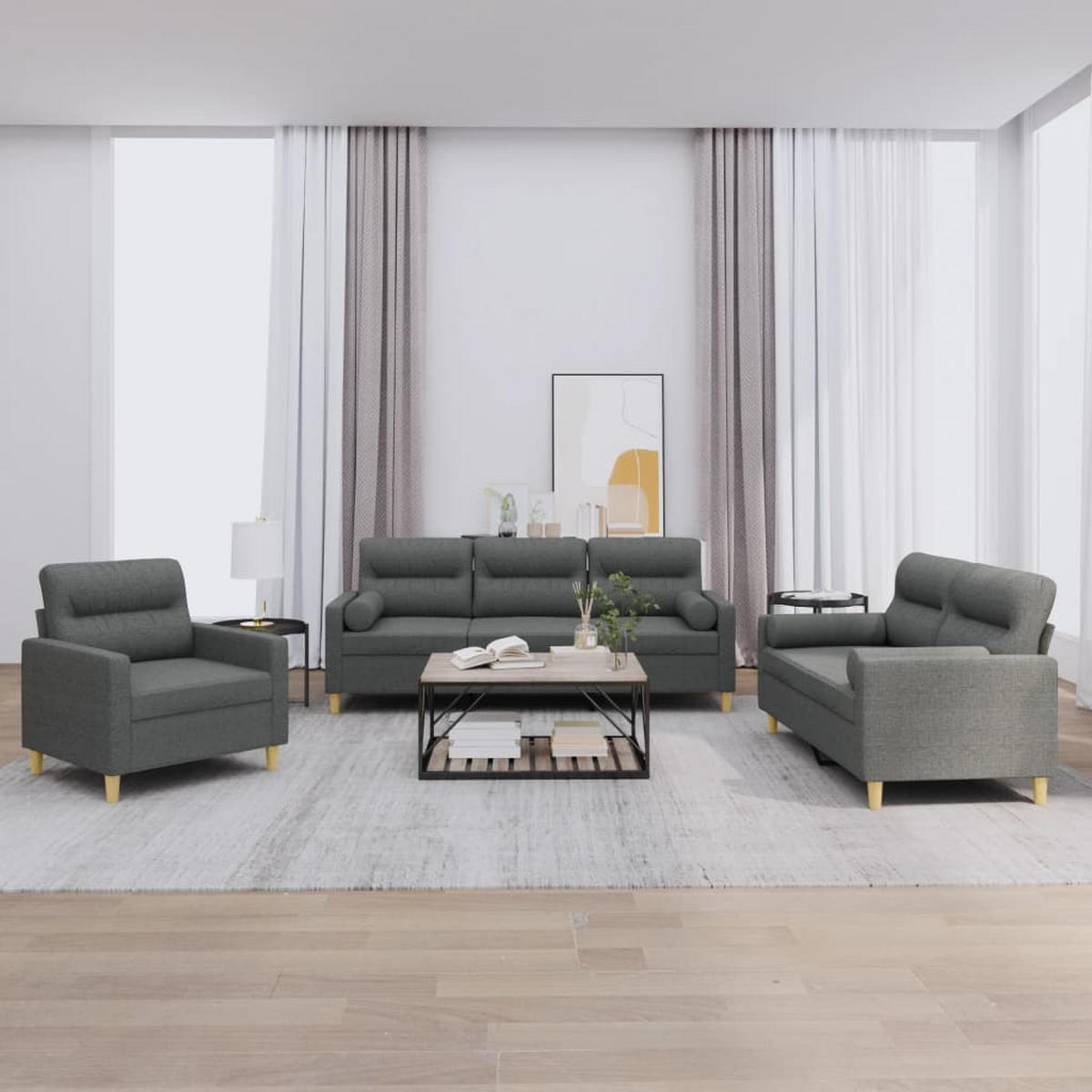 SOFAGARNITUR 3-TLG. Mit Kissen Dunkelgrau Stoff - Grau, Textil (77/80/78cm) - vidaXL