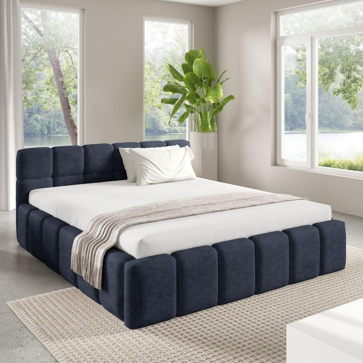 POLSTERBETT NUBO Medium 140x200 cm mit Bettkasten – PERFECT HARMONY 77 - Dunkelblau, Holz - Dekori_Interiors