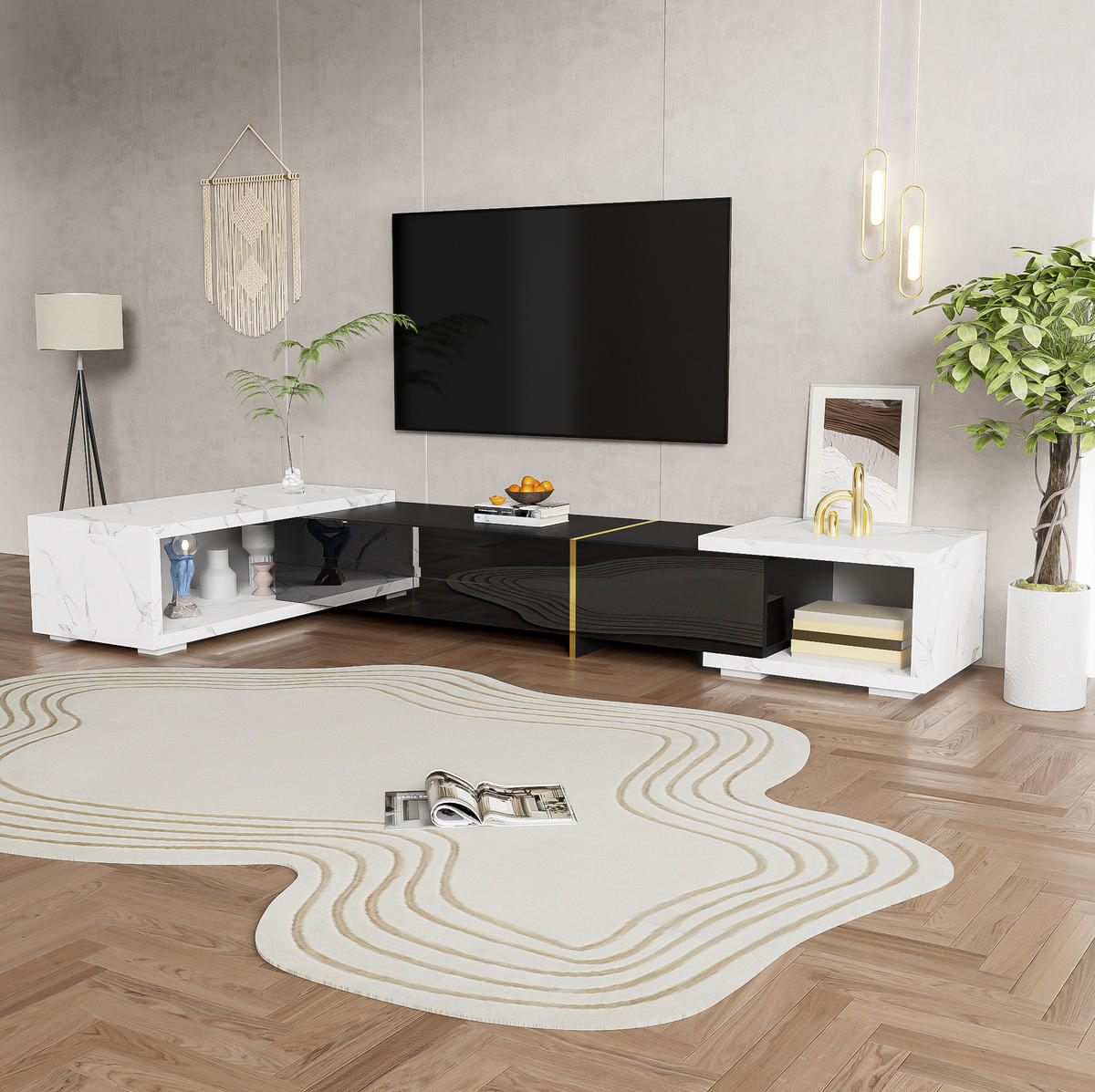TV ormarić 140-260 cm crni i bijeli mramorni od MDF-a i iverice s rotacijom i velikim prostorom - crna, drvni materijal (260/30/40cm) - OKWISH