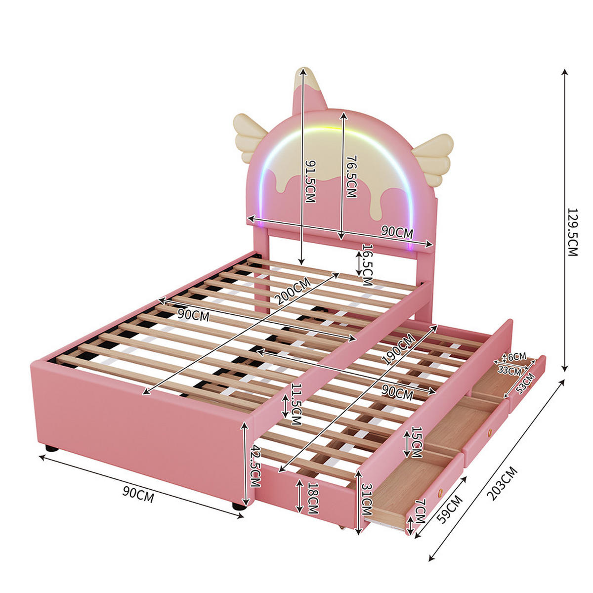 KINDERBETT 90/200 cm in PU Rosa mit Einhornform - Pink, Holz/Textil (90/200cm) - KOMHTOM