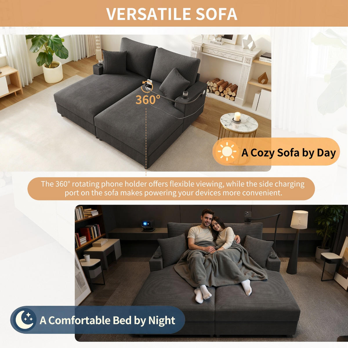 SCHLAFSOFA 2-Sitzer mit Handyhalter, USB und Getränkehalter, Grau - Grau, Textil (163/82/140cm)