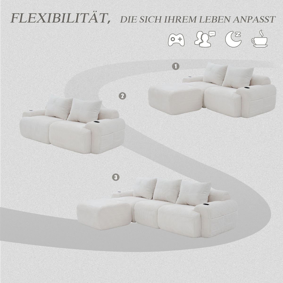 ECKSOFA 268/174/80 cm beige aus Cord mit Cupholder - Beige, Textil (174/268cm) - OKWISH