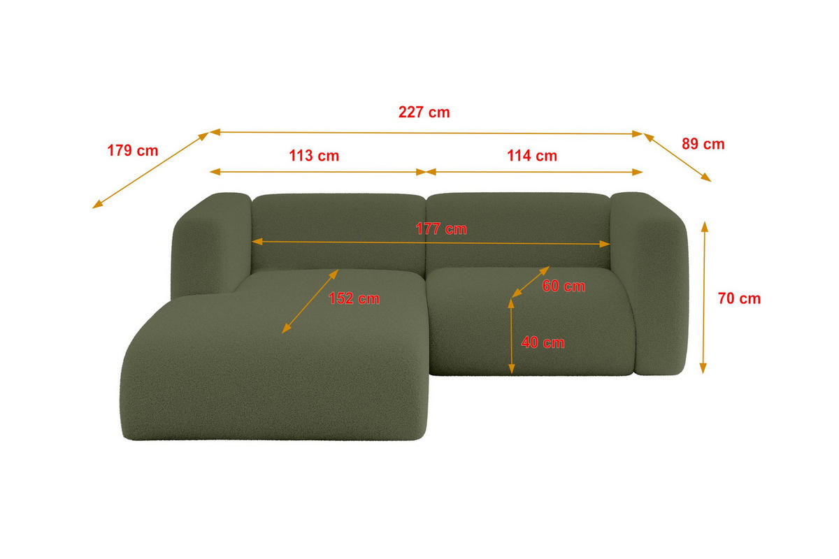 ECKSOFA Ottomane Links MIRA-L1 227x179x89 Grün Bouclé - Schwarz/Olivgrün, Holzwerkstoff/Kunststoff (227/179cm) - ALTDECOR