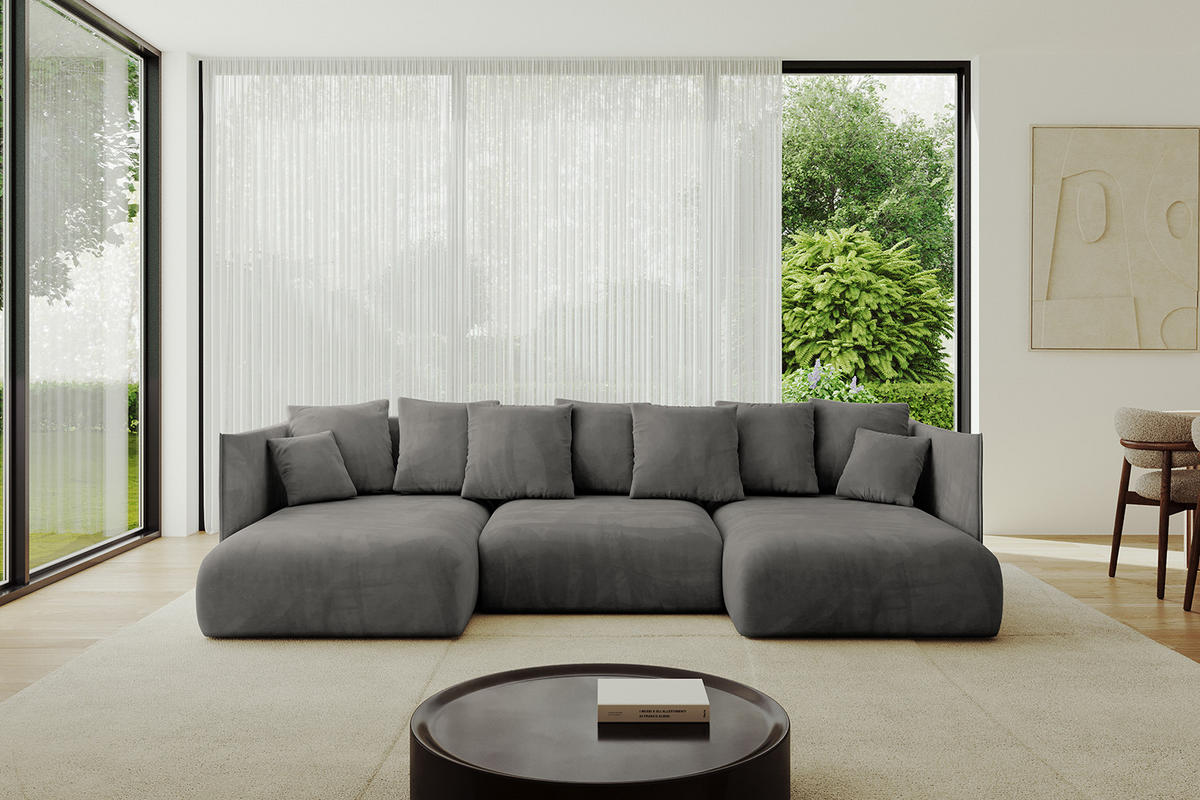 WOHNLANDSCHAFT mit Schlaffunktion und Bettkasten ONESK-U 304x165x40 Dunkelgrau Velours - Dunkelgrau, Holzwerkstoff/Kunststoff (304/90/165cm) - ALTDECOR
