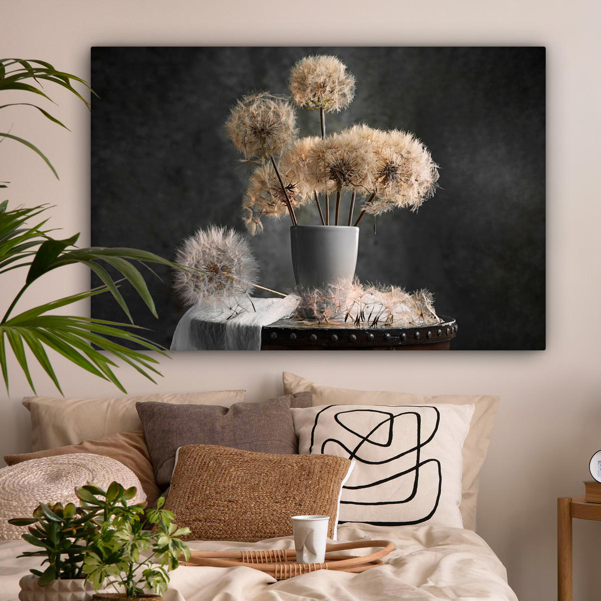 LEINWANDBILD Blumensamen - Löwenzahn - Vase - Stilleben - Blumenstrauß XXL 150x100 cm - Dunkelgrau, Textil (150/100cm) - MuchoWow