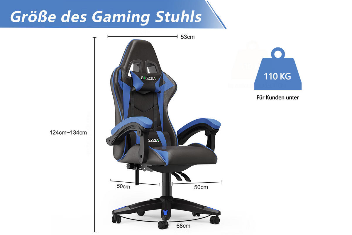 GAMING-STUHL ergonomisch, verstellbare Rückenlehne, Kissen – Blau - Blau, Leder (59/120/56cm) - Rattantree