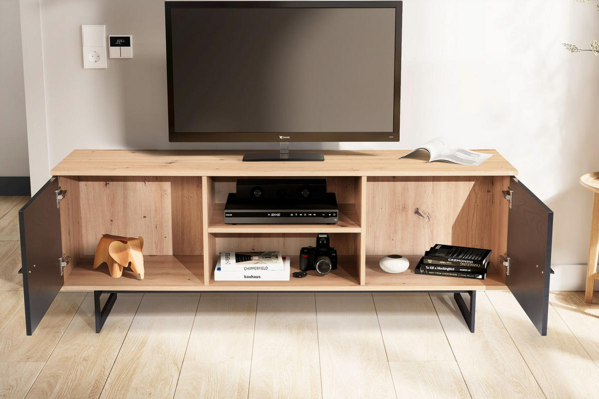 TV-LOWBOARD mit Eiche-Dekor und 2 Türen, modern, Braun-Schwarz 150x40x55 cm - Schieferfarben/Schwarz, Holzwerkstoff/Metall (150/55/40cm) - KADIMA DESIGN