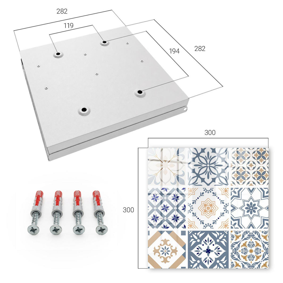 SCHLÜSSELBOX Weiß 30x30 cm – Türöffnung nach rechts - Fliesenmuster - Blau, Metall (30/30/5cm) - TULUP