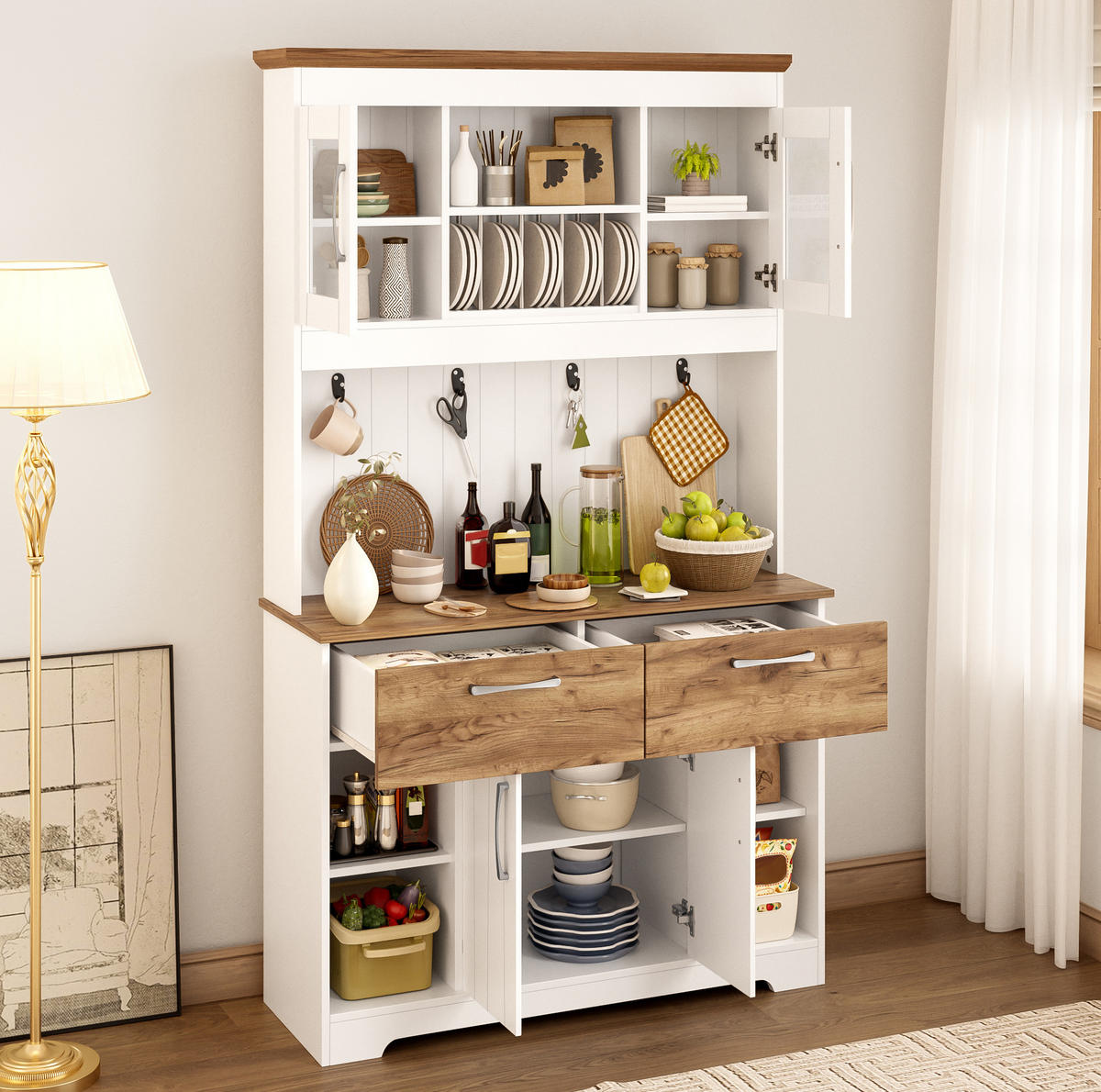 BUFFET aus Spanplatte 106x39x176,5 cm Weiß/Natur mit Vitrinenfächern, 2 Schubladen und Hakenleiste - Naturfarben, Holzwerkstoff (106/176.5/39cm) - Modfu