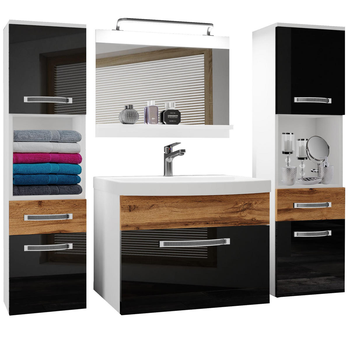 BADMÖBEL Badezimmer Schwarz Wotan Eiche Wotan Glänzend Matt - Eiche Wotan/Schwarz, Holz (140/113/40cm) - B BELINI GROUP