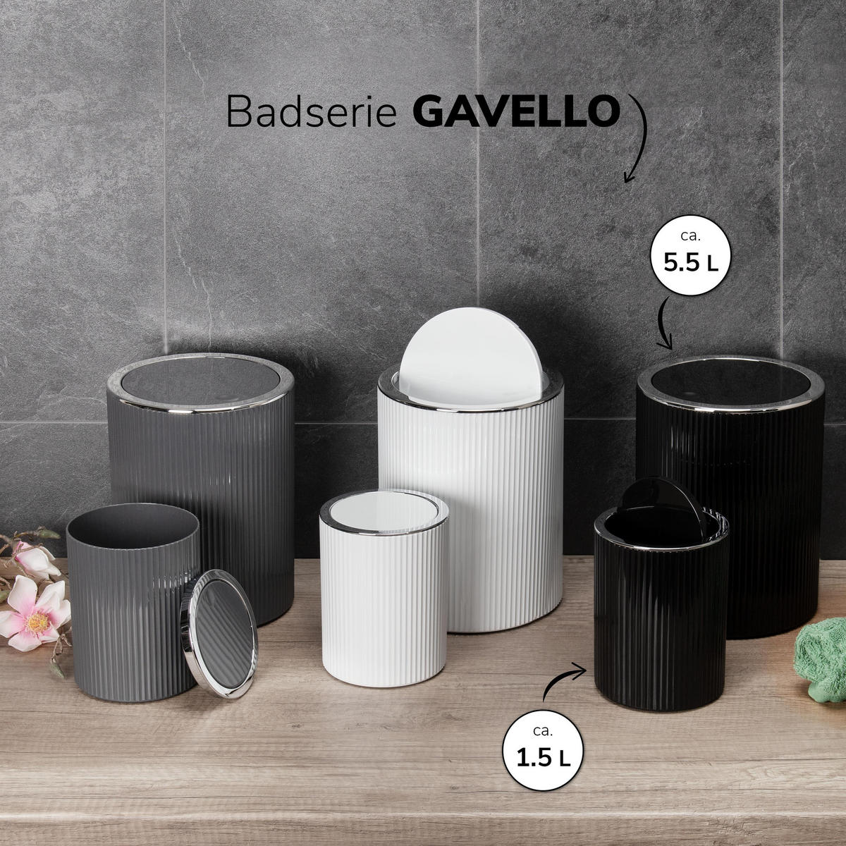 KOSMETIKEIMER 2er-Set, GAVELLO schwarz, Kunststoff - Schwarz, Kunststoff (12.5/16.3/12.5cm) - bremermann