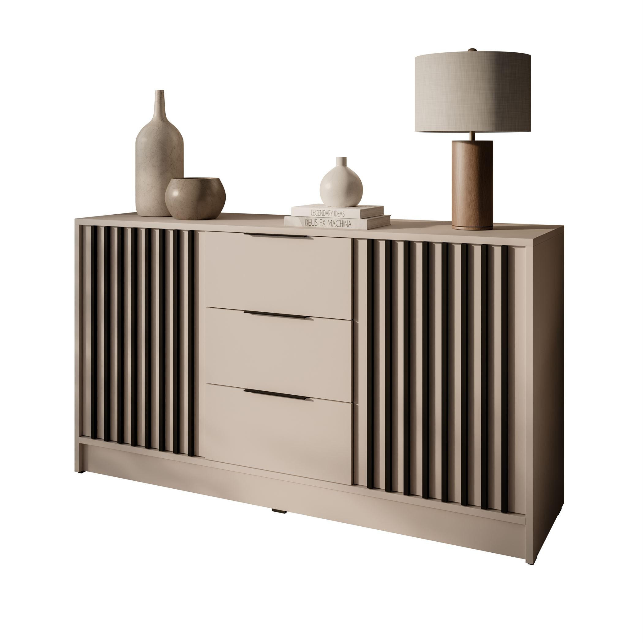 KOMMODE NELA, zweitürig mit Lamellen, Kaschmir/Schwarz - Kaschmir, Holzwerkstoff (155/86/45cm) - Lookway